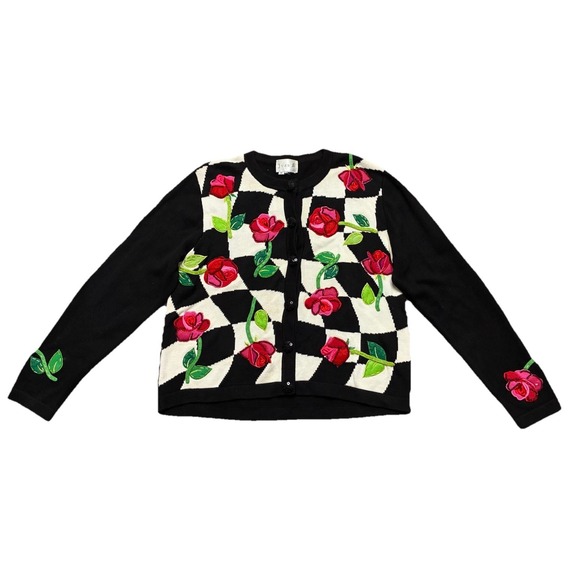 Just B Cardigan Women's M Black White Floral Roses Embroidered Beaded Y2K‎ - Picture 2 of 16